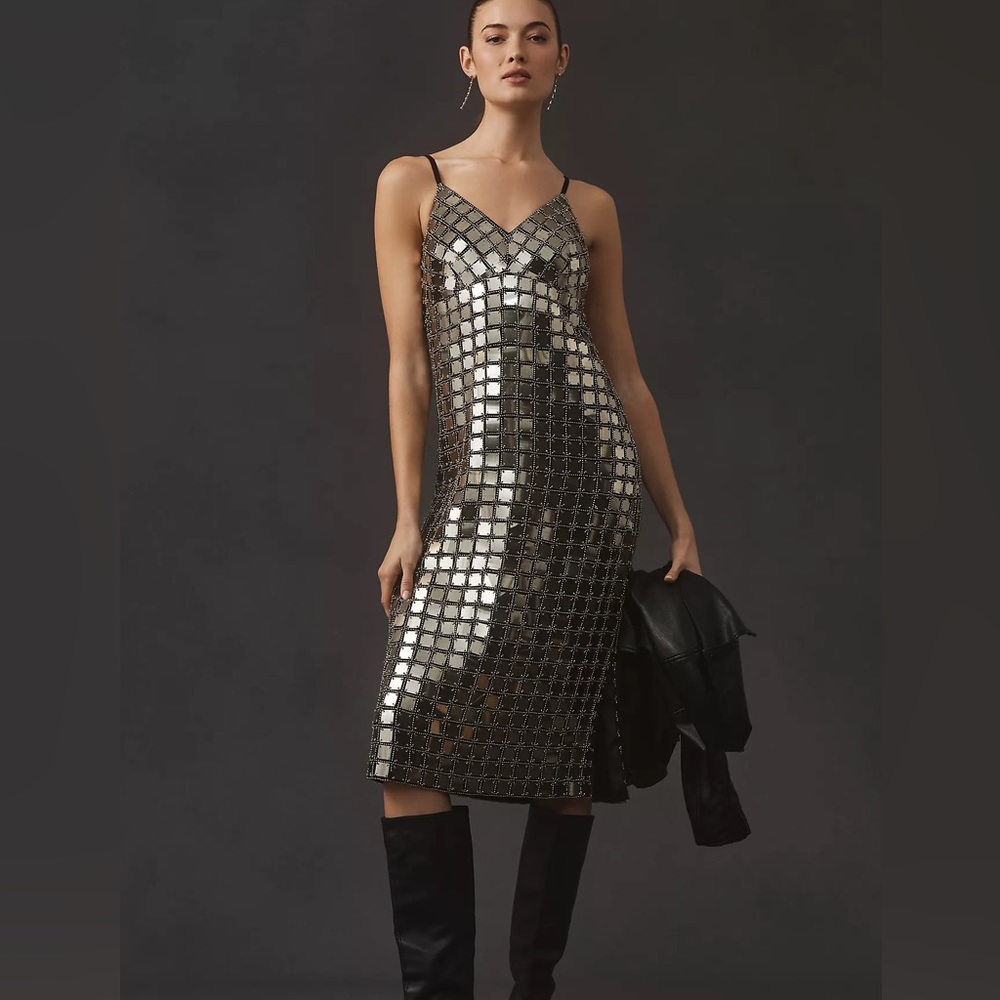 Anthropologie V Neck Chainmail Sequin Midi Dress NWT - Picture 5 of 8
